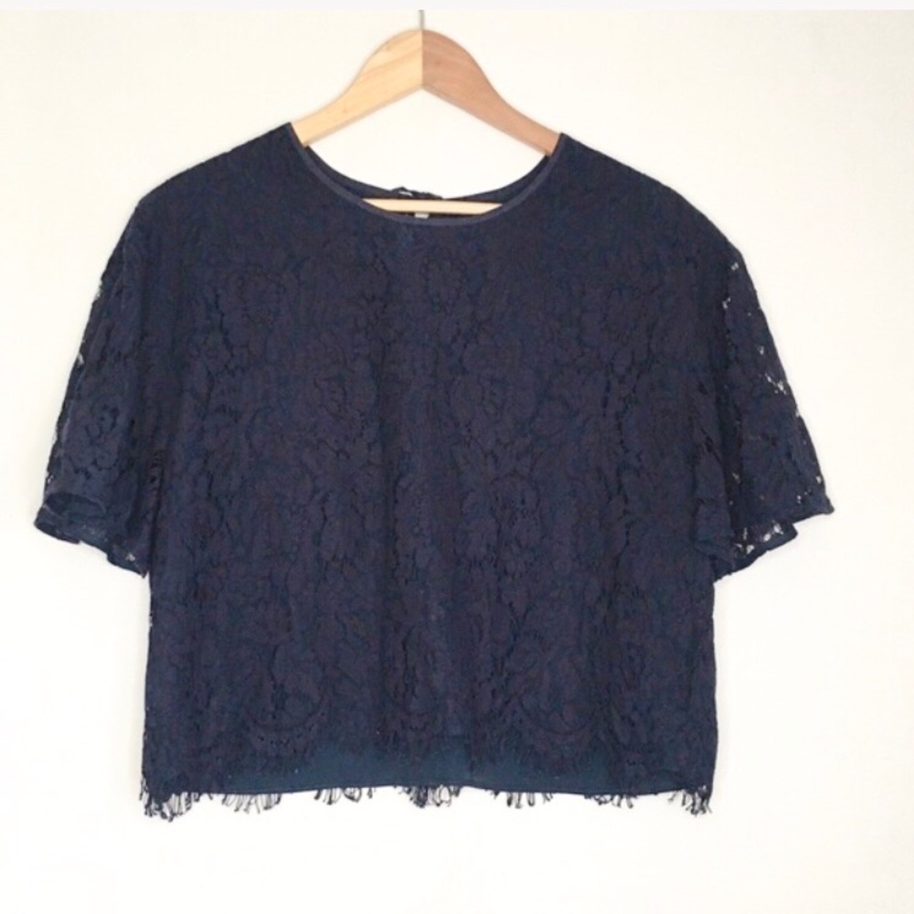 J. Crew Lace Flounce Sleeve Scalloped Top